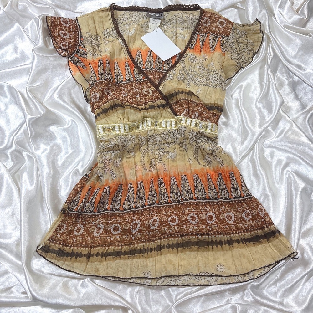 y2k Rave Blouse Brown NWT Boho Sequin Empire Waist Flutter Sleeve Top L